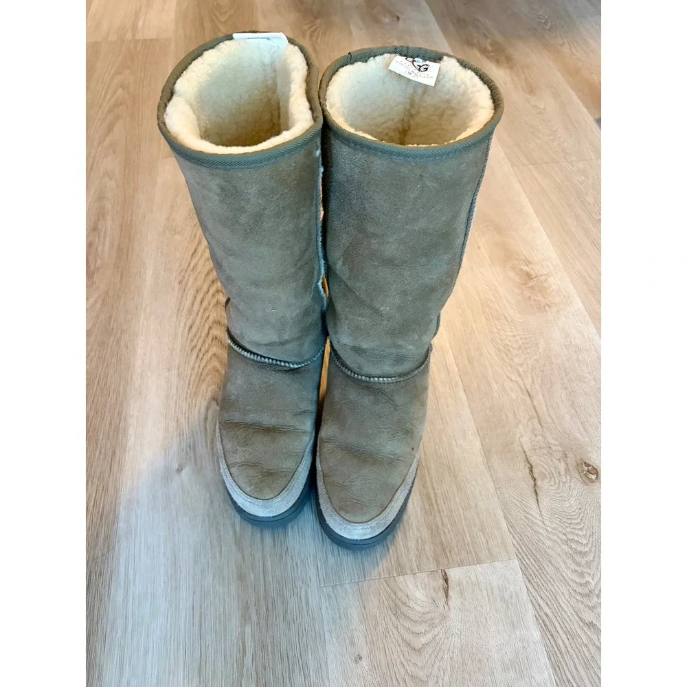 Vintage Ugg Ultra Tall Boots Suede Shearling Embroidered Braid Womens 7 Brown